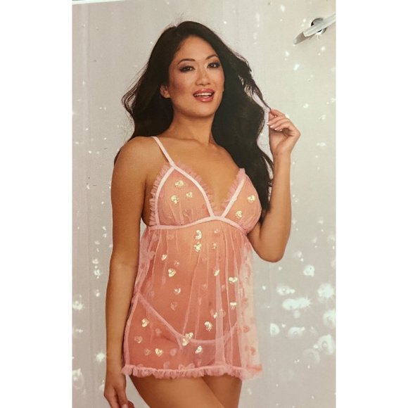 NWT WOMEN'S BABY DOLL LINGERIE WITH THONG SIZE LARGE - HAS HEARTS AS DECORATION - Picture 1 of 1